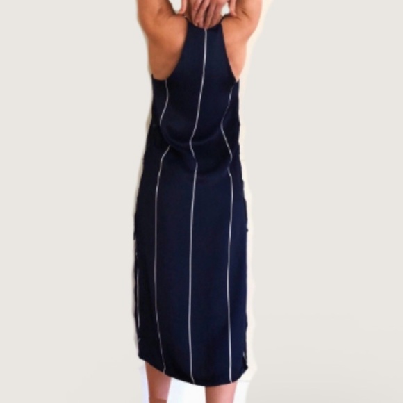 Faithfull The Brand Navy Blue Pinstripe Button Side Midi Dress Size 6 Sleeveless - Picture 3 of 8